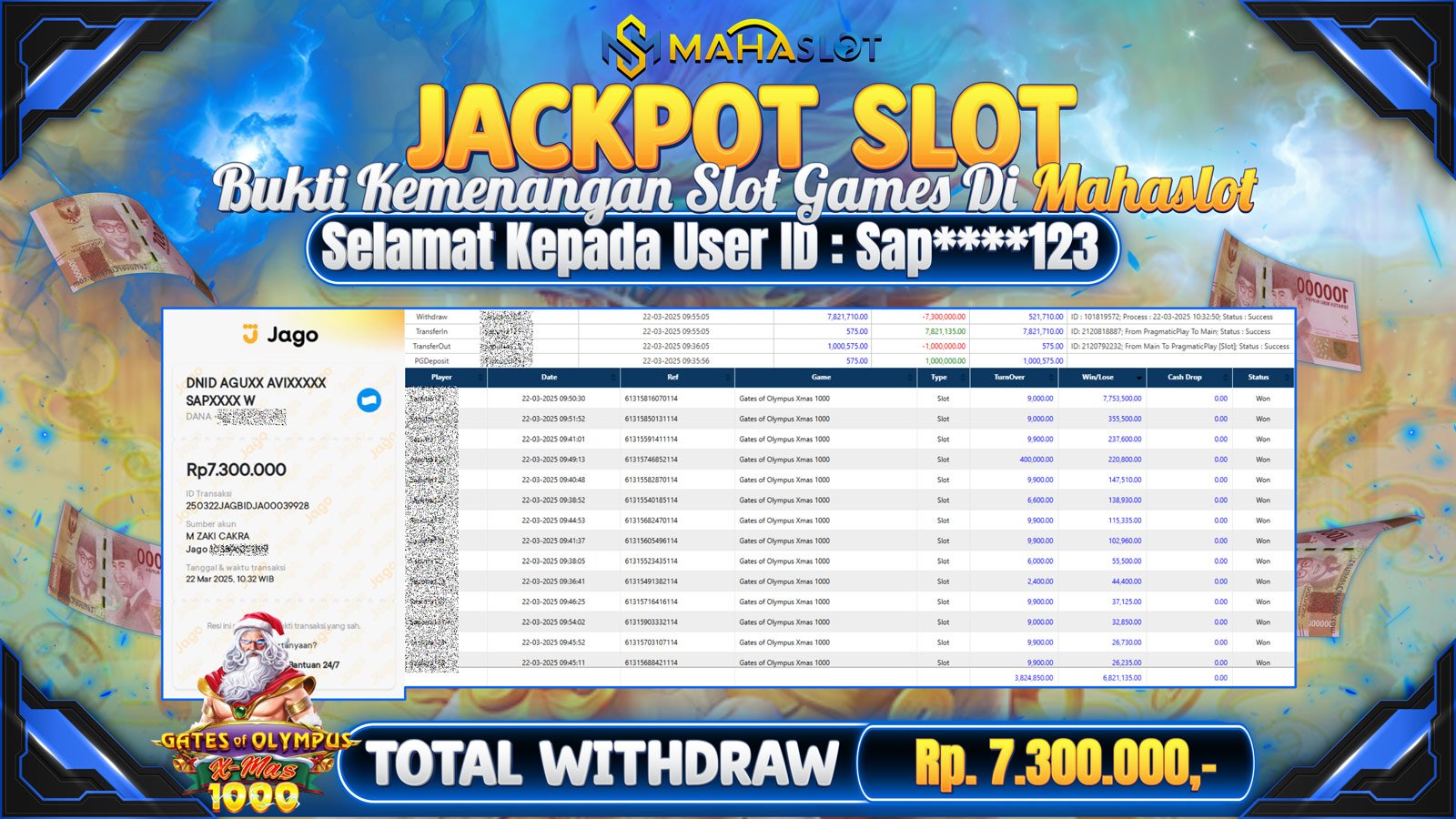 MAHASLOT JACKPOT SLOT GAMES GATES OF OLYMPUS X-MAX 1000 Rp. 7.300.000,- LUNAS