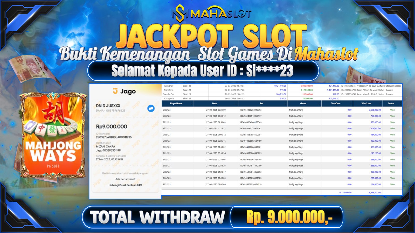 MAHASLOT JACKPOT SLOT GAMES MAHJONG WAYS Rp. 9.000.000,- LUNAS