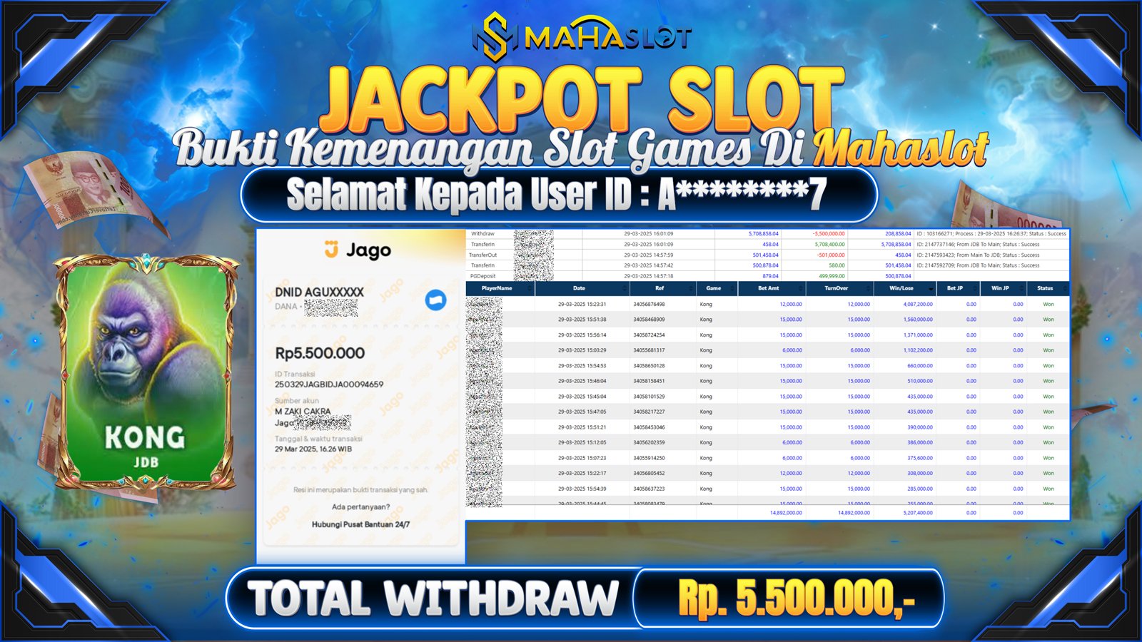 MAHASLOT JACKPOT SLOT GAMES KONG Rp. 5.500.000,- LUNAS
