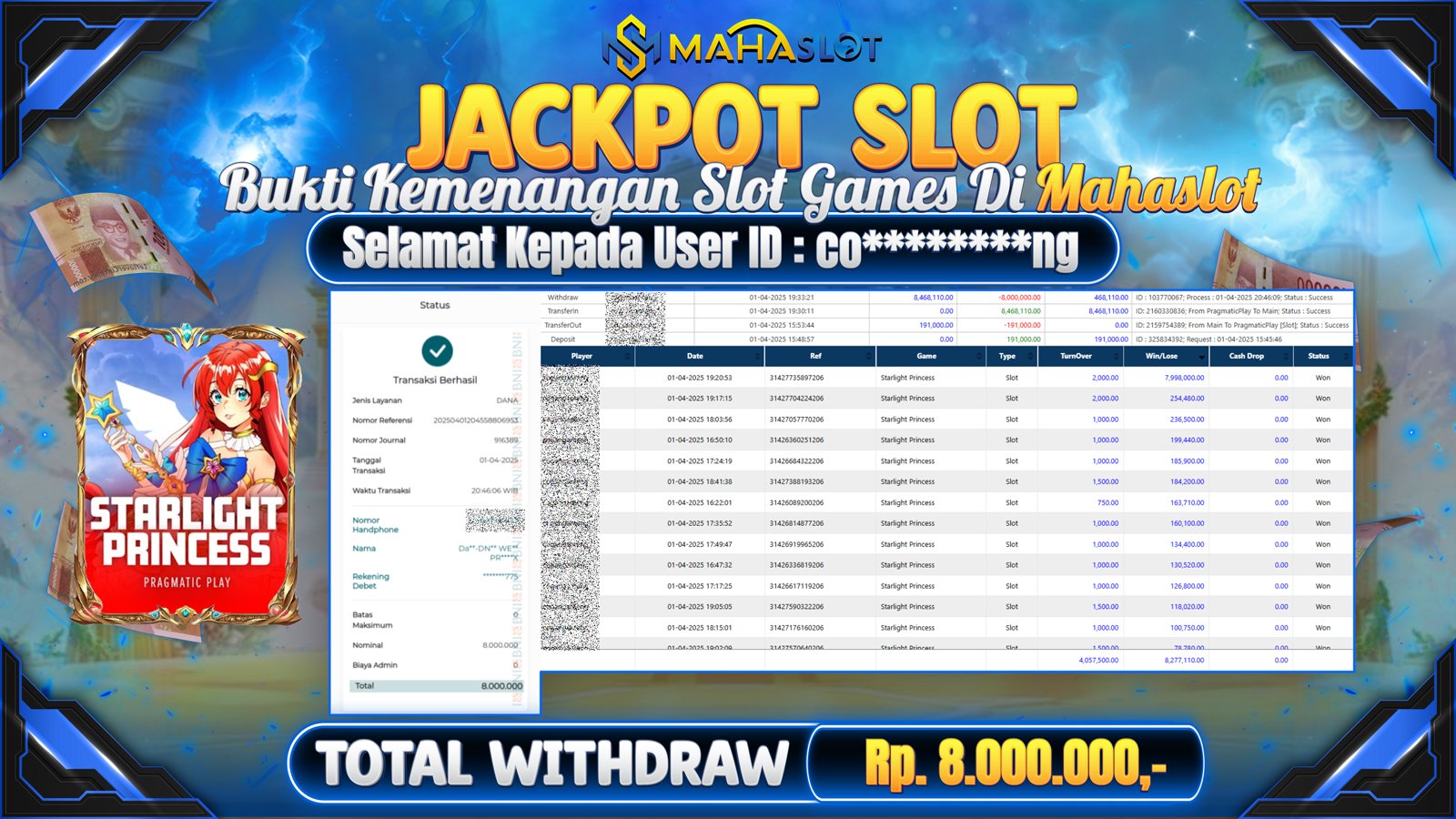 MAHASLOT JACKPOT SLOT GAMES STARLIGHT PRINCESS Rp. 8.000.000,- LUNAS