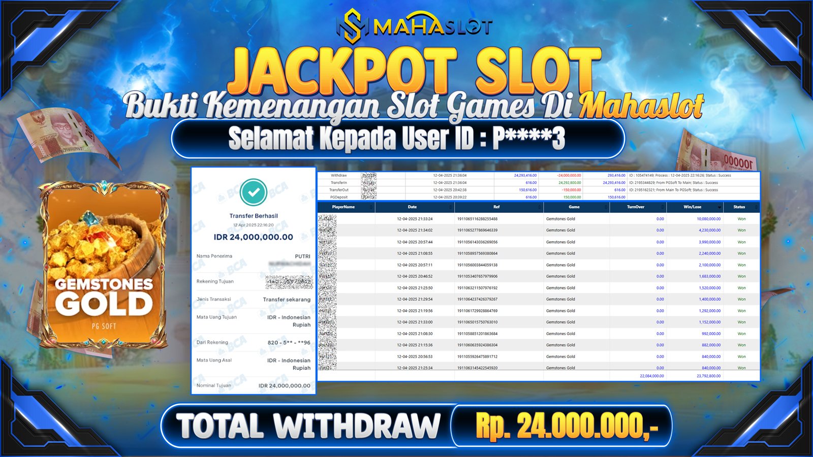 MAHASLOT JACKPOT SLOT GAMES GEMSTONES GOLD Rp. 24.000.000,- LUNAS