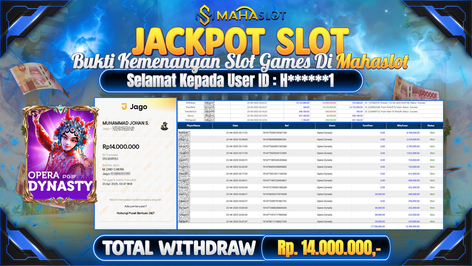 MAHASLOT JACKPOT SLOT GAMES OPERA DYNASTY Rp. 14.000.000,- LUNAS