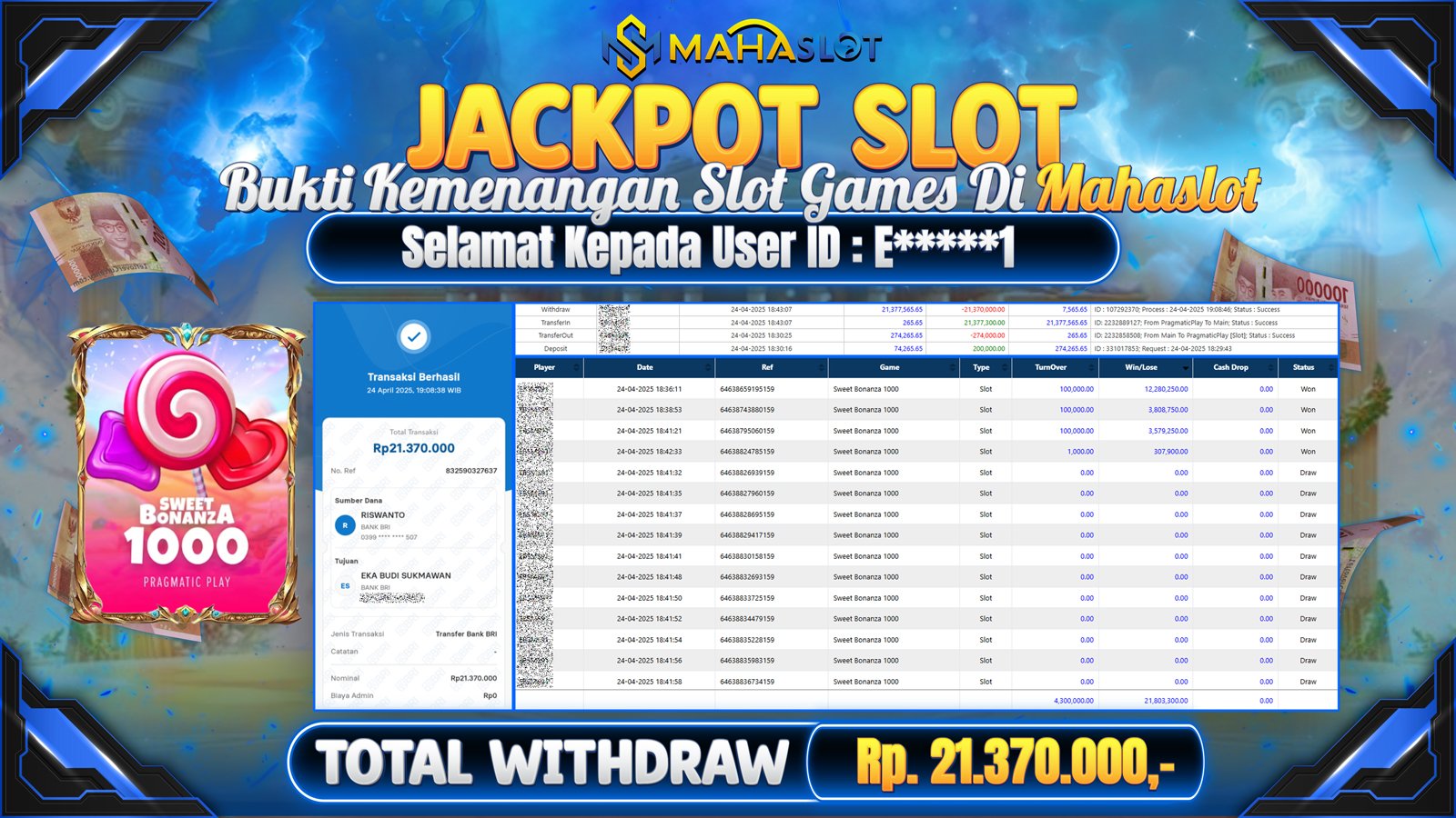 MAHASLOT JACKPOT SLOT GAMES SWEET BONANZA 1000 Rp. 21.370.000,- LUNAS