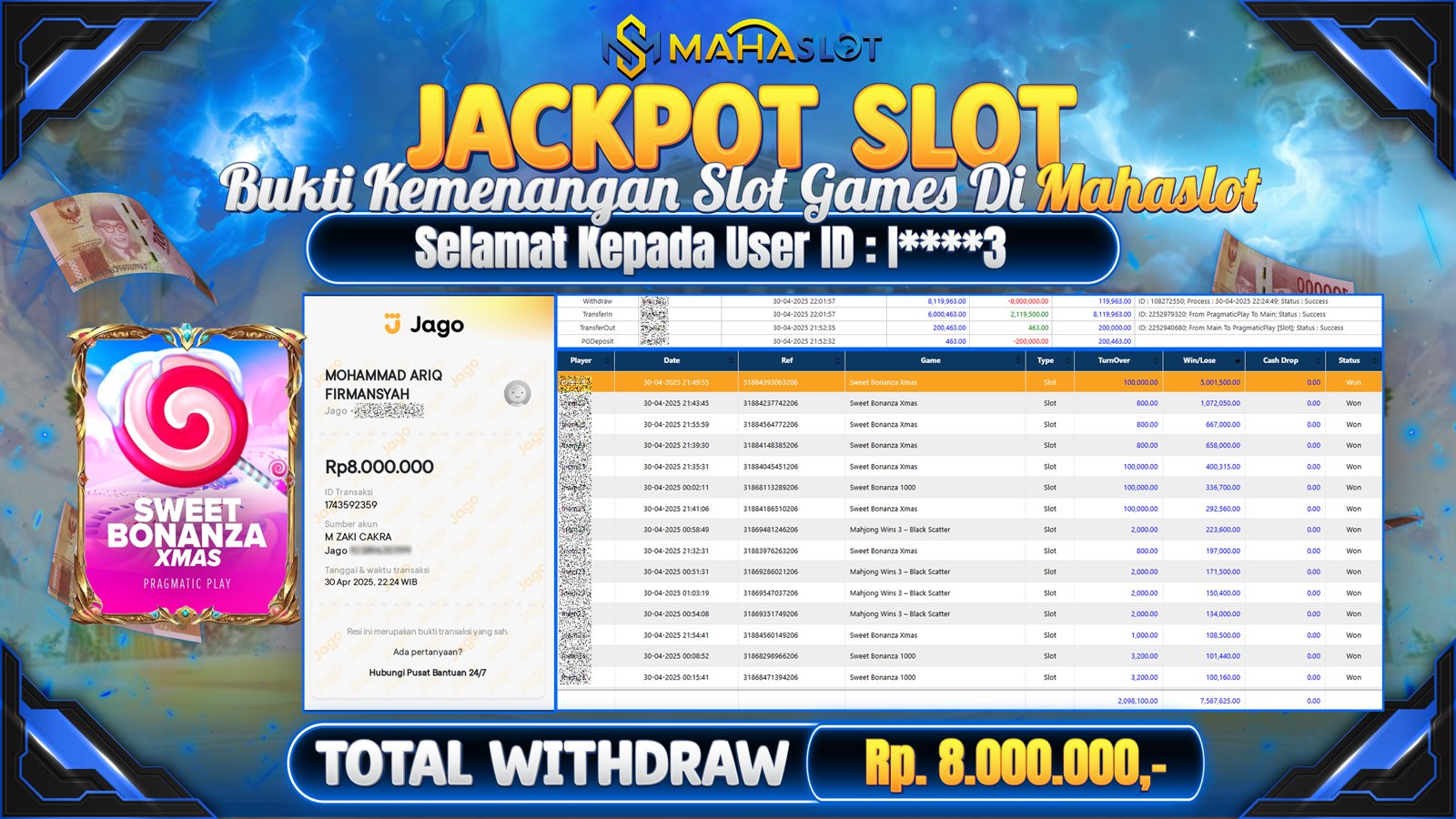 MAHASLOT JACKPOT SLOT GAMES SWEET BONANZA XMAS Rp. 8.000.000,- LUNAS