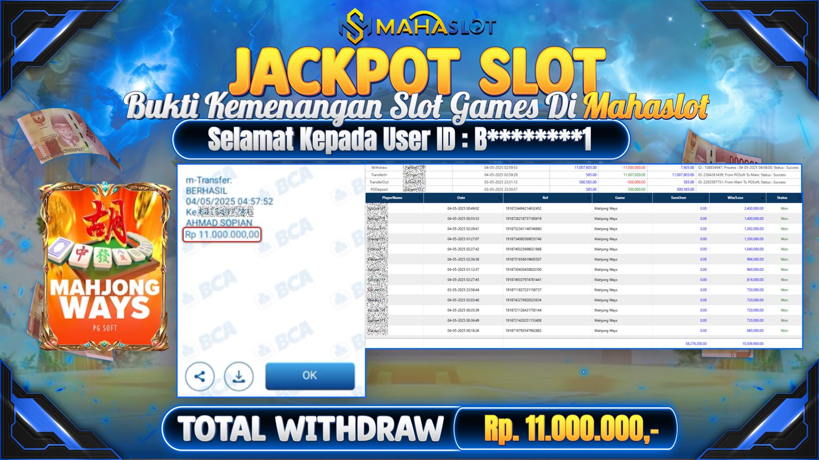 MAHASLOT JACKPOT SLOT GAMES MAHJONG WAYS Rp. 11.000.000,- LUNAS
