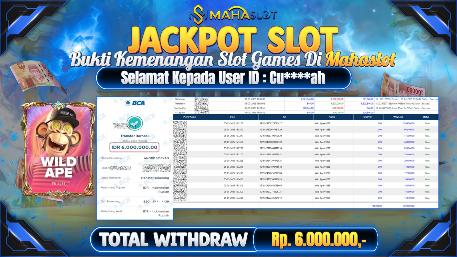 MAHASLOT JACKPOT SLOT GAMES WILD APE#3258 Rp. 6.000.000,- LUNAS