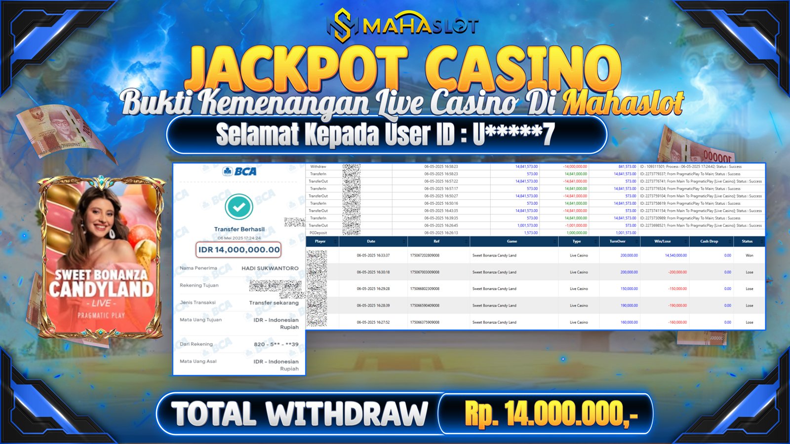MAHASLOT JACKPOT LIVE CASINO SWEET BONANZA CANDYLAND Rp. 14.000.000,- LUNAS