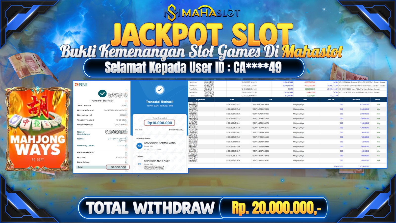 MAHASLOT JACKPOT SLOT GAMES MAHJONG WAYS Rp. 20.000.000,- LUNAS