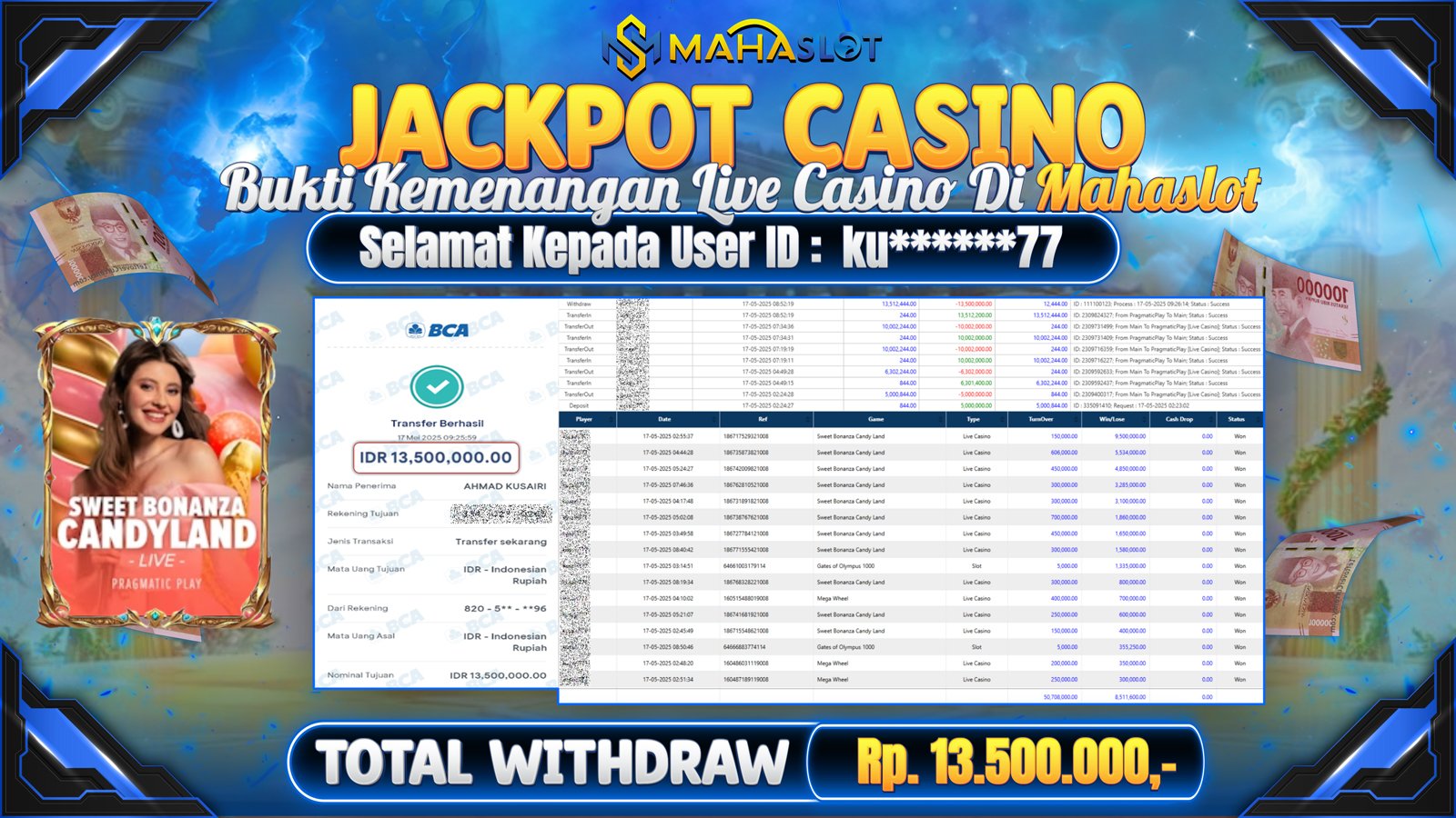 MAHASLOT JACKPOT LIVE CASINO SWEET BONANZA CANDYLAND Rp. 13.500.000,- LUNAS