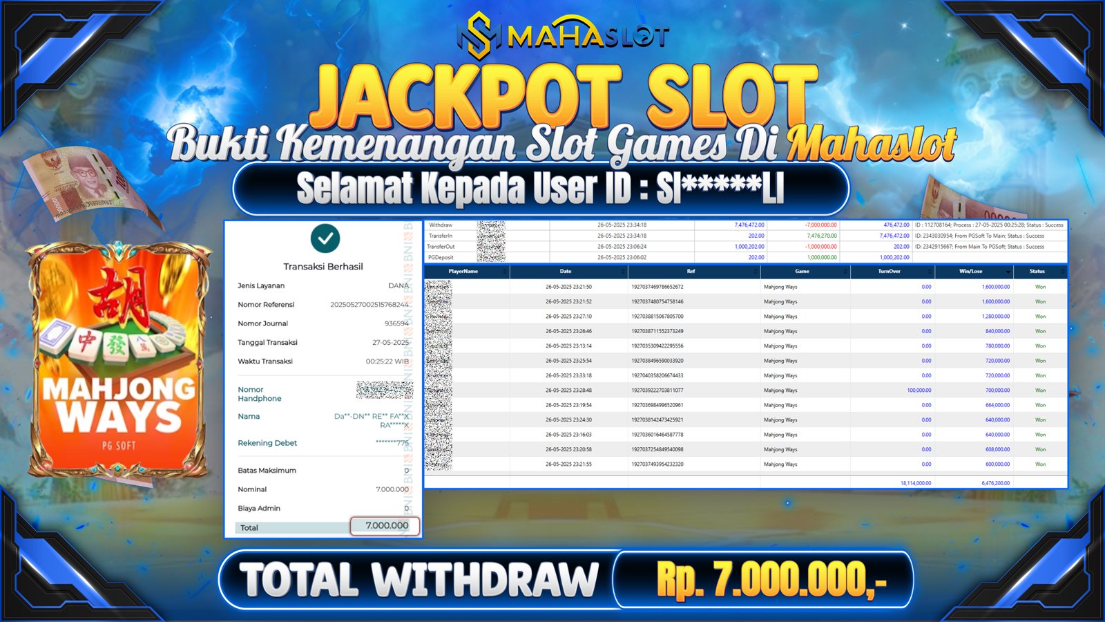 MAHASLOT JACKPOT SLOT MAHJONG WAYS Rp. 7.000.000,- LUNAS