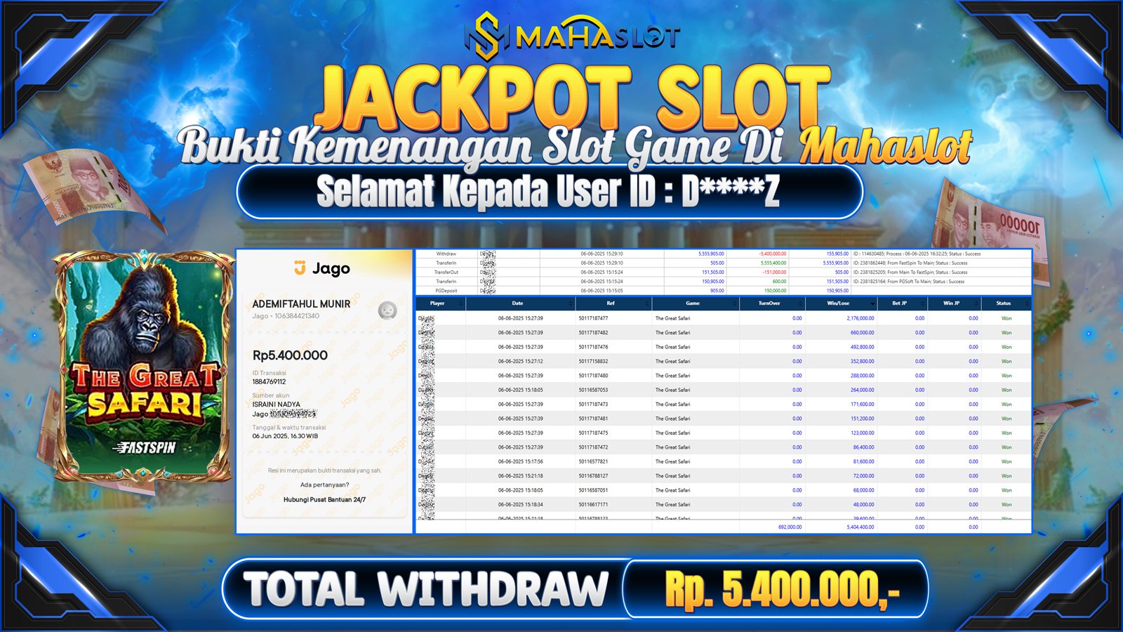 MAHASLOT JACKPOT SLOT GAMES THE GREAT SAFARI Rp. 5.400.000,- LUNAS