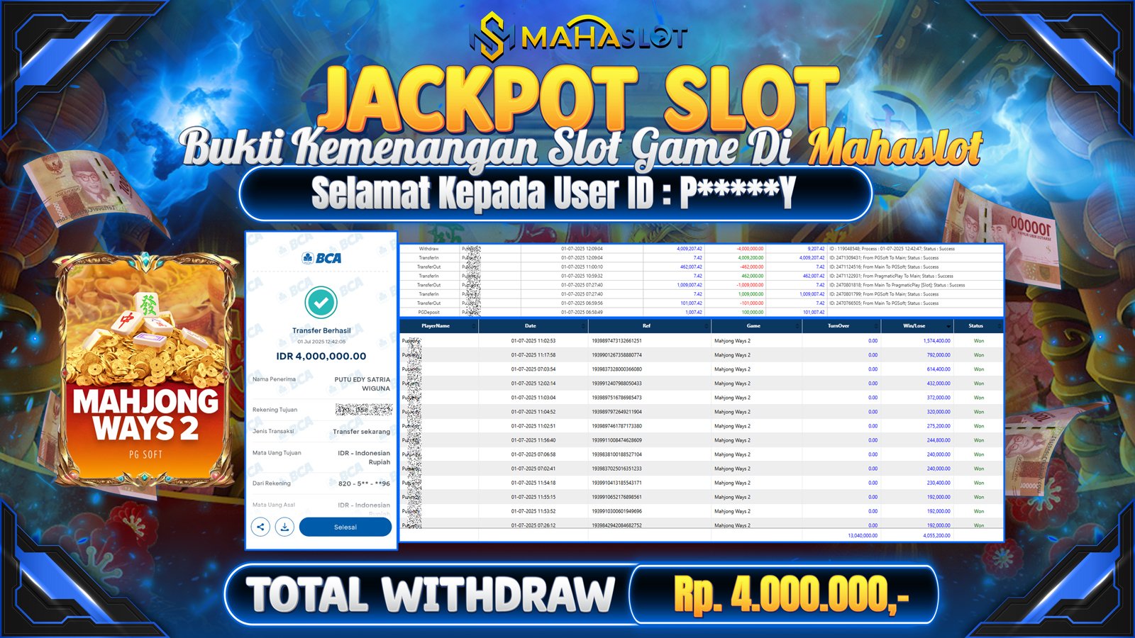 MAHASLOT JACKPOT SLOT GAME MAHJONG WAYS 2 Rp. 4.000.000,- LUNAS