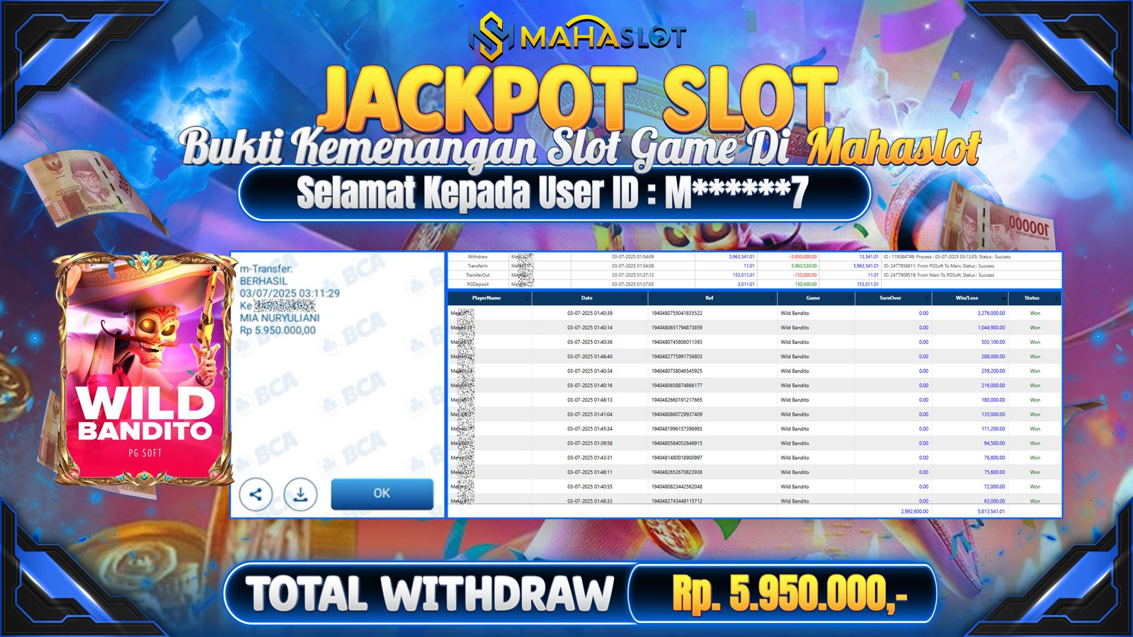 MAHASLOT JACKPOT SLOT GAME WILD BANDITO Rp. 5.950.000,- LUNAS