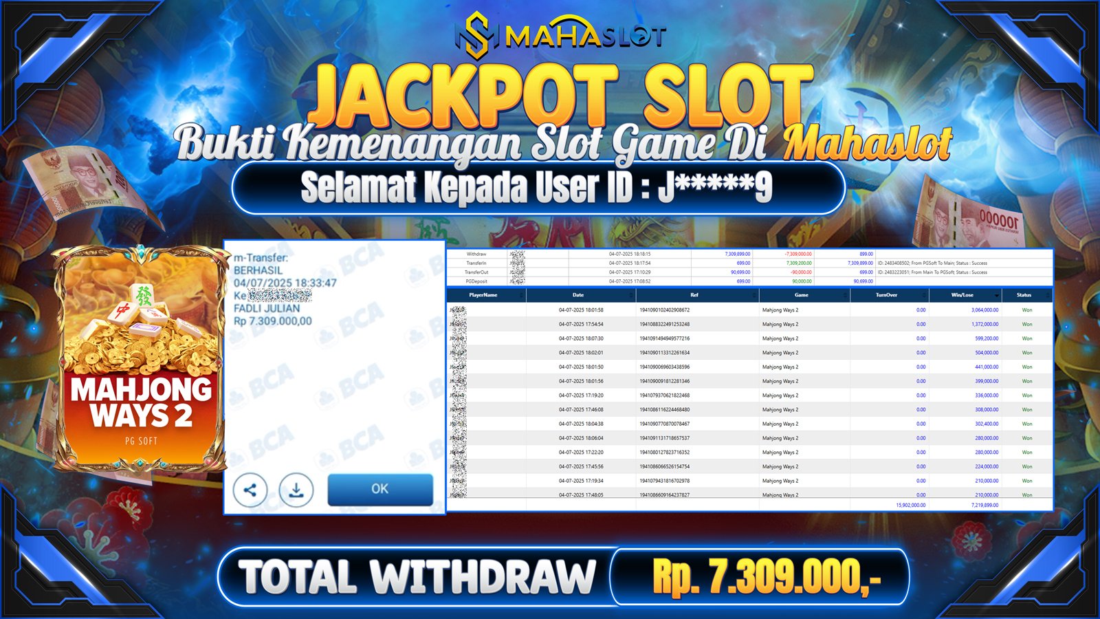 MAHASLOT JACKPOT SLOT GAME MAHJONG WAYS 2 Rp. 7.309.000,- LUNAS