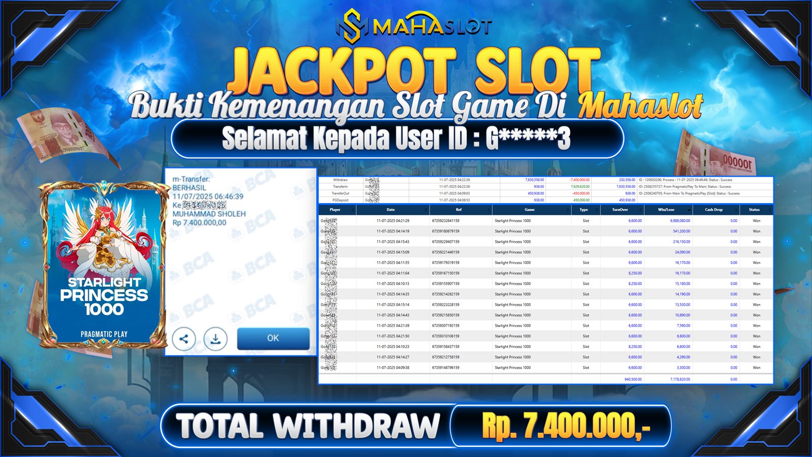 MAHASLOT JACKPOT SLOT GAME STARLIGHT PRINCESS 1000 Rp. 7.400.000,- LUNAS