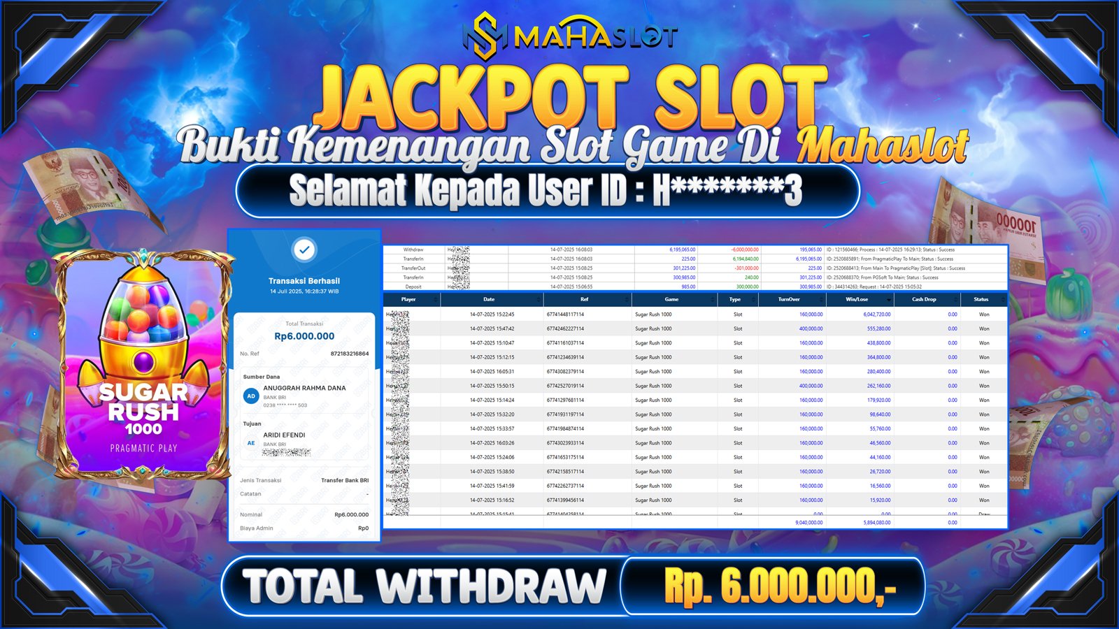 MAHASLOT JACKPOT SLOT GAME SUGAR RUSH 1000 Rp. 6.000.000,- LUNAS