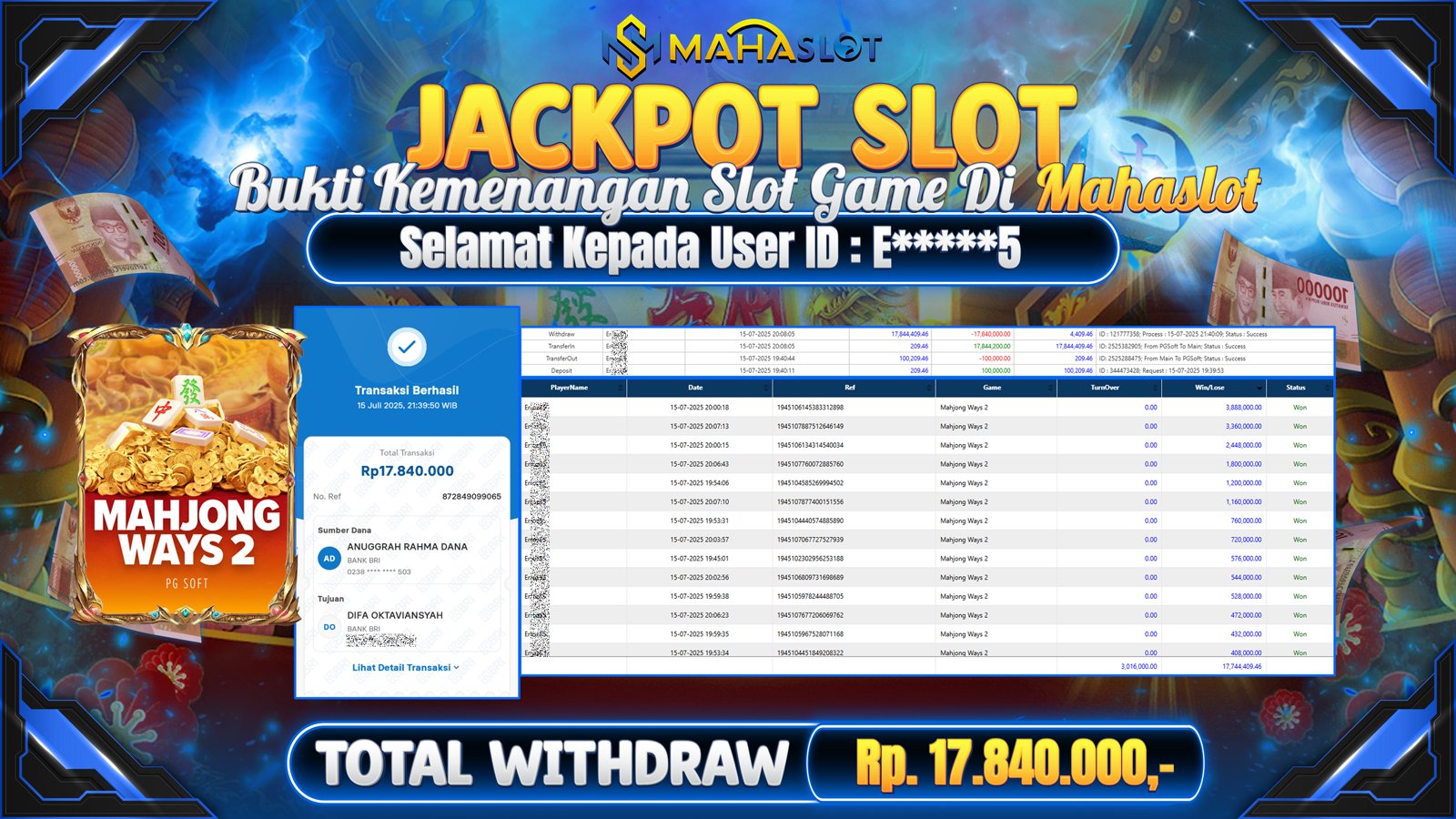 MAHASLOT JACKPOT SLOT GAME MAHJONG WAYS 2 Rp. 17.840.000,- LUNAS