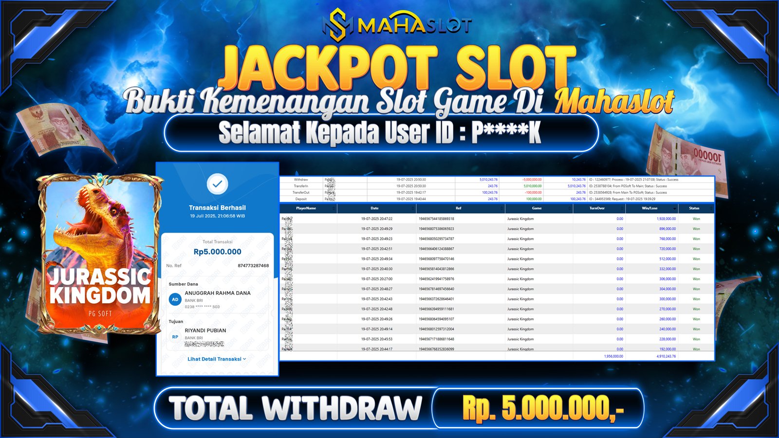 MAHASLOT JACKPOT SLOT GAME JURASSIC KINGDOM Rp. 5.000.000,- LUNAS