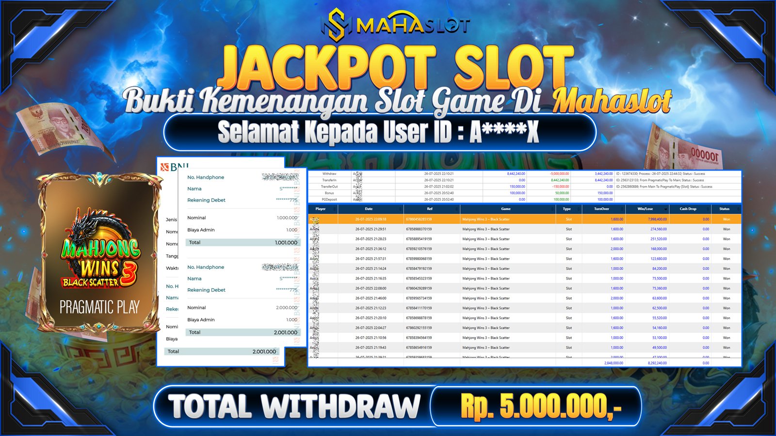 MAHASLOT JACKPOT SLOT GAME MAHJONG WINS 3 - BLACK SCATTER Rp. 5.000.000,- LUNAS