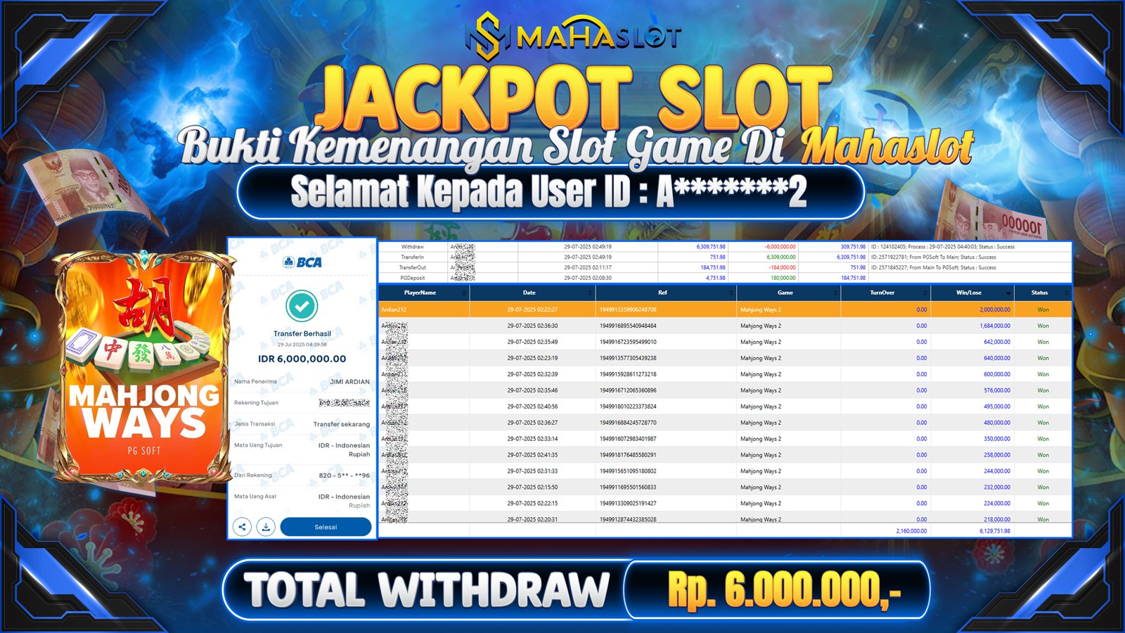 MAHASLOT JACKPOT SLOT GAME MAHJONG WAYS 2 Rp. 6.000.000,- LUNAS