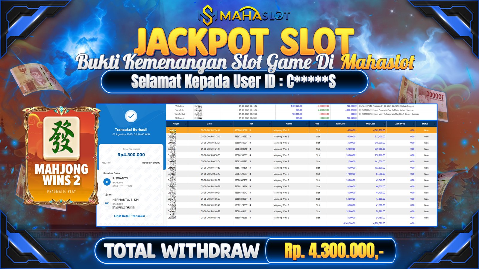 MAHASLOT JACKPOT SLOT GAME MAHJONG WINS 2 Rp. 4.300.000,- LUNAS