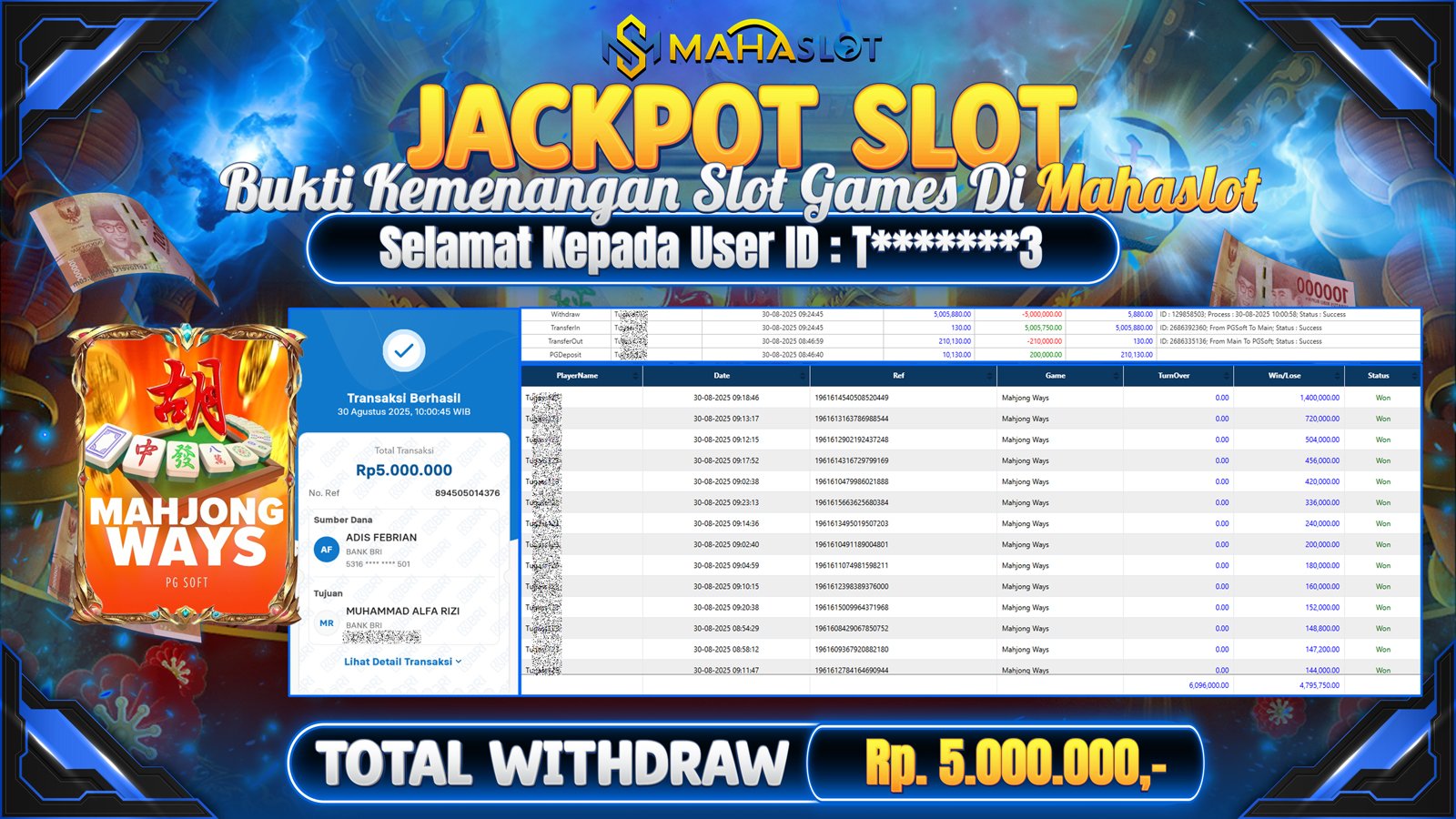 MAHASLOT JACKPOT SLOT GAME MAHJONG WAYS Rp. 5.000.000,- LUNAS