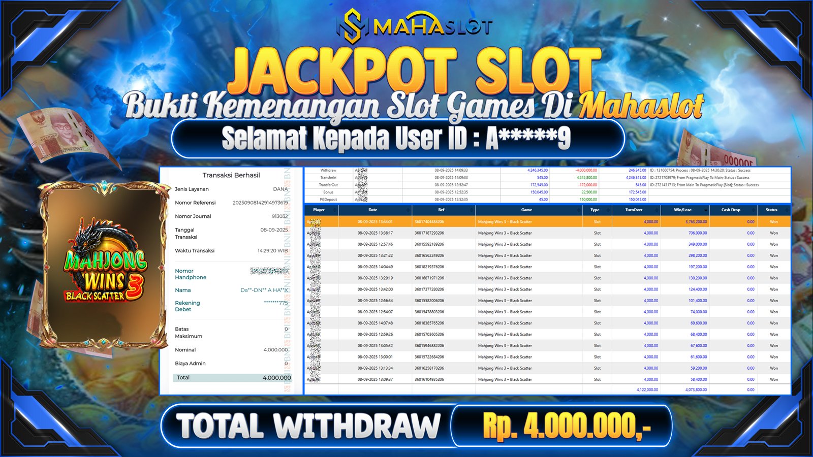 MAHASLOT JACKPOT SLOT GAME MAHJONG WINS 3-BLACK SCATTER Rp. 4.000.000,- LUNAS