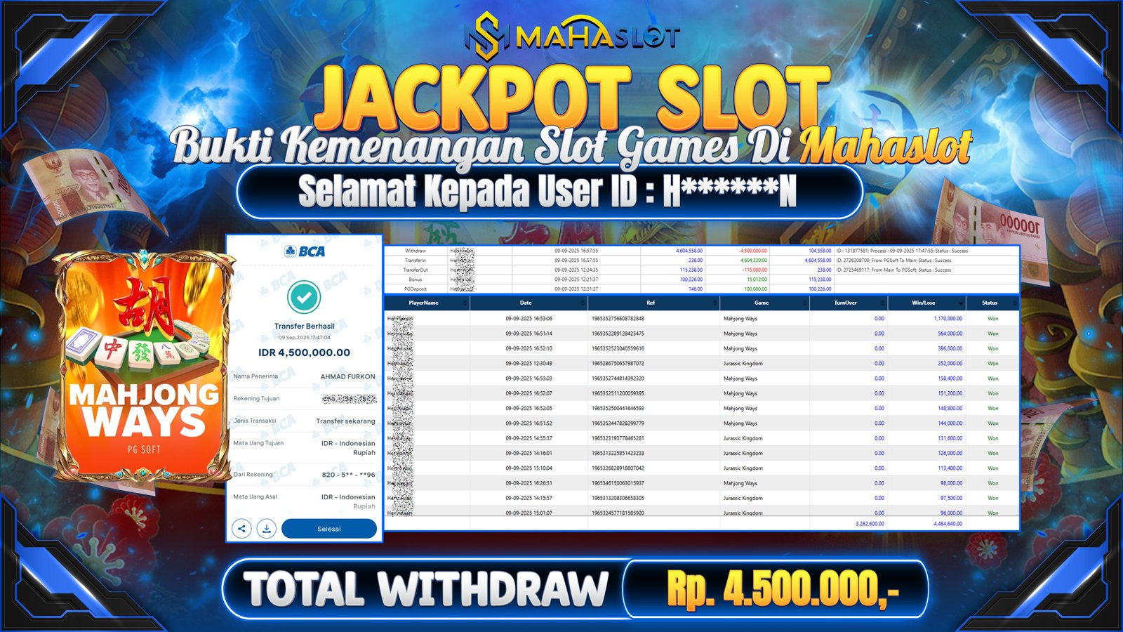 MAHASLOT JACKPOT SLOT GAME MAHJONG WAYS Rp. 4.500.000,- LUNAS