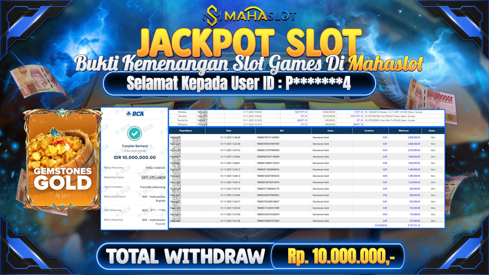MAHASLOT JACKPOT SLOT GAME GEMSTONES GOLD Rp. 10.000.000,- LUNAS