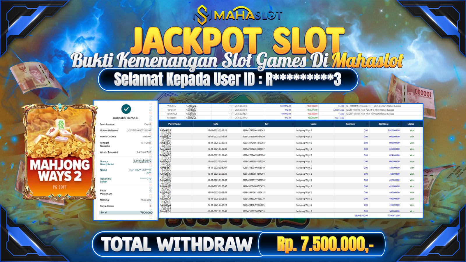 MAHASLOT JACKPOT SLOT GAME MAHJONG WAYS 2 Rp. 7.500.000,- LUNAS
