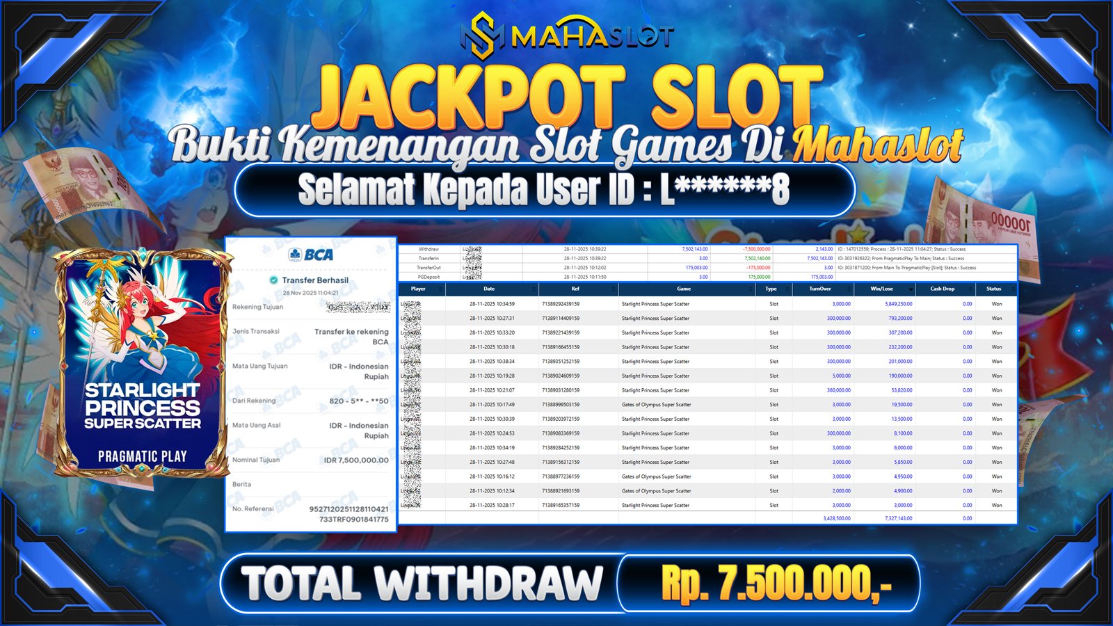 MAHASLOT JACKPOT SLOT GAME STARLIGHT PRINCESS SUPER SCATTER Rp. 7.500.000,- LUNAS