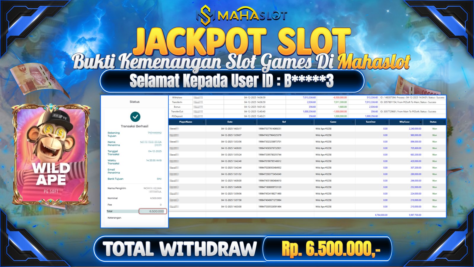 MAHASLOT JACKPOT SLOT GAME WILD APE #3258 Rp. 6.500.000,- LUNAS