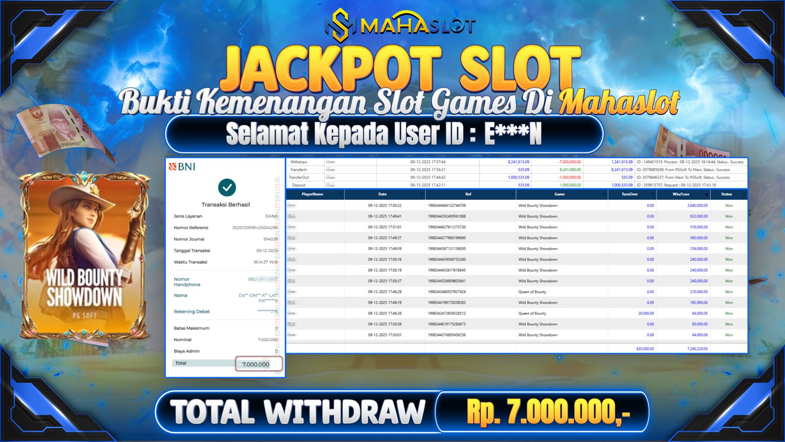 MAHASLOT JACKPOT SLOT GAME WILD BOUNTY SHOWDOWN Rp. 7.000.000,- LUNAS