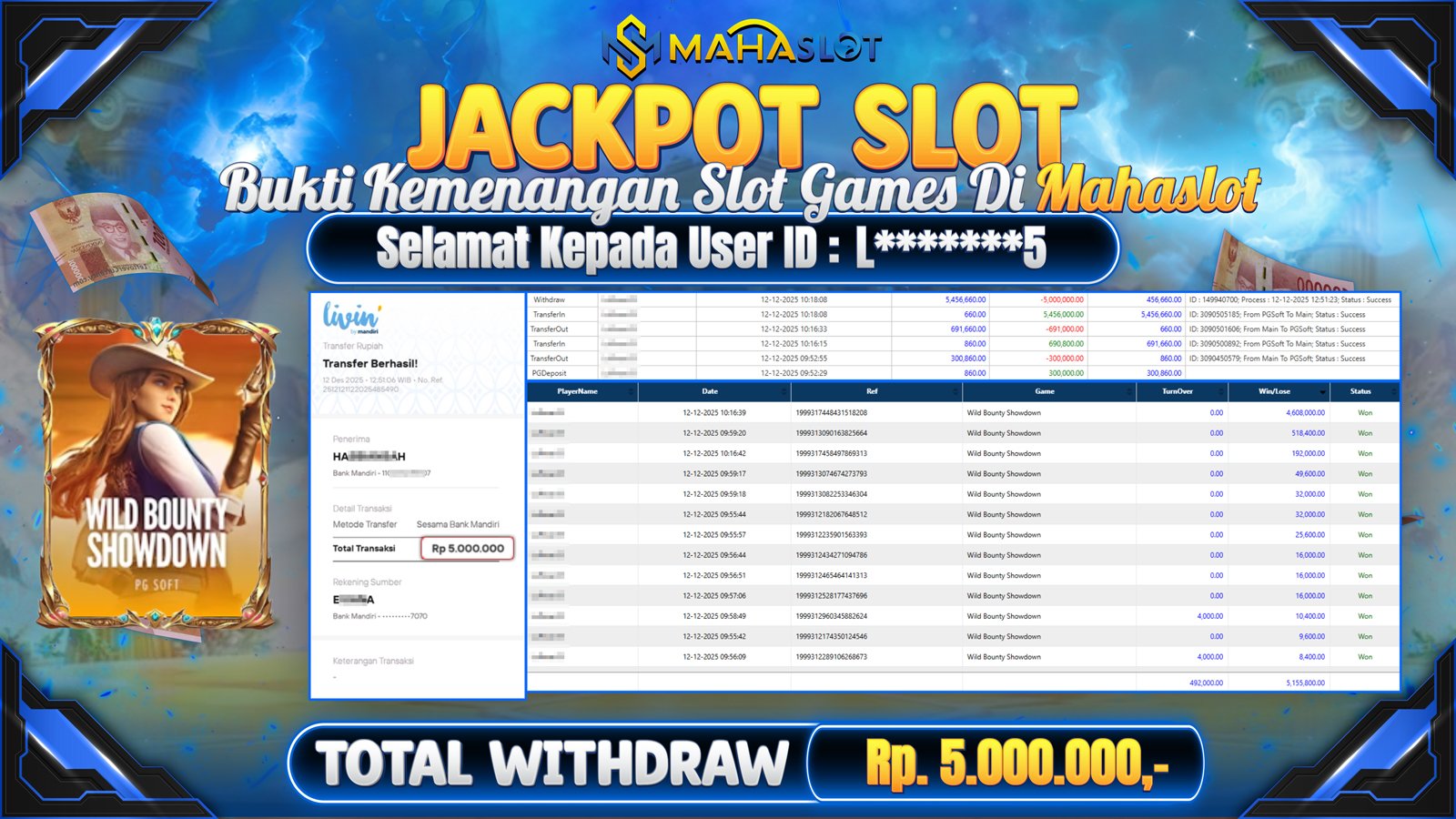 MAHASLOT JACKPOT SLOT GAME WILD BOUNTY SHOWDOWN Rp. 5.000.000,- LUNAS
