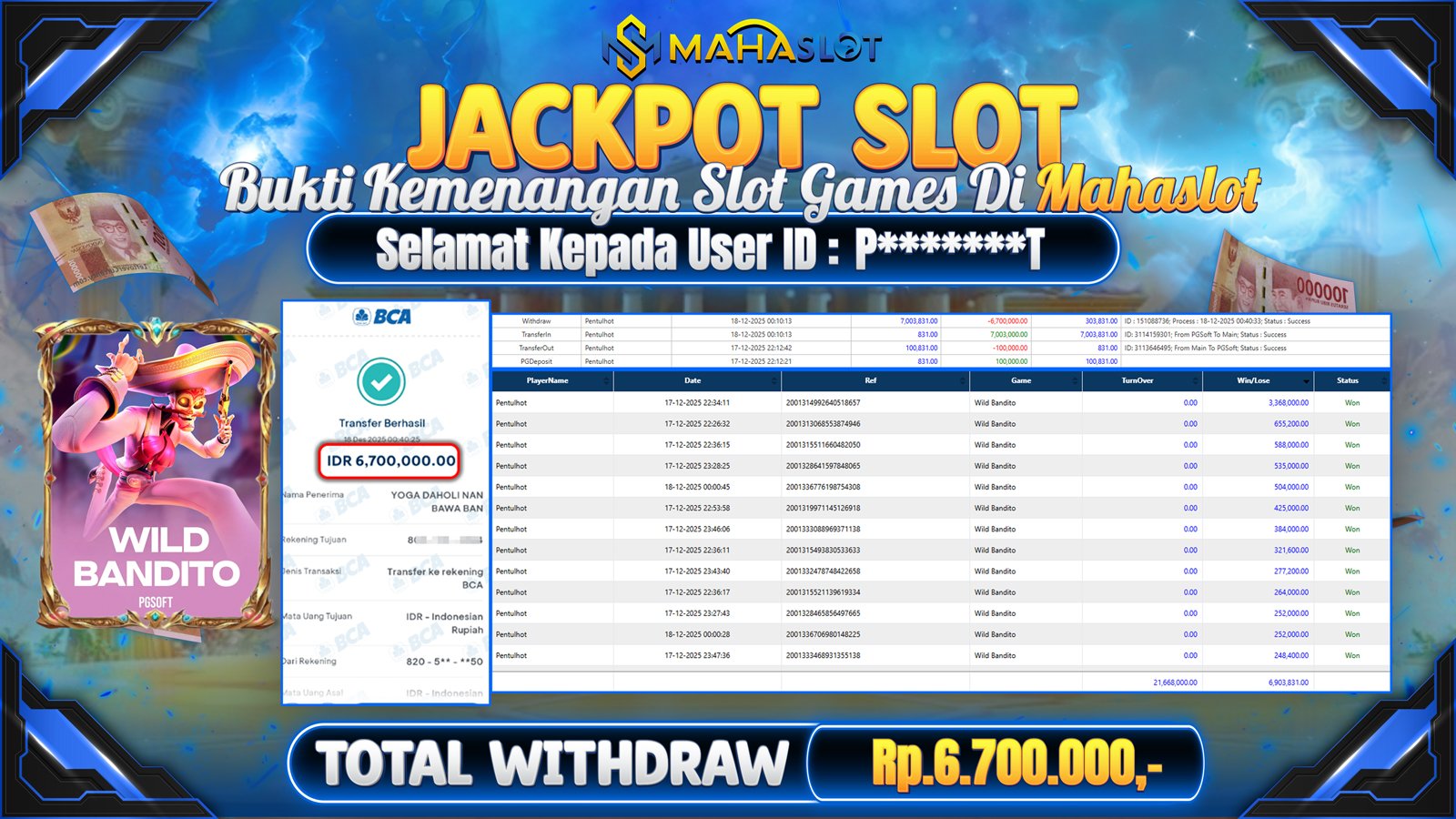 MAHASLOT JACKPOT SLOT GAME WILD BANDITO Rp. 6.700.000,- LUNAS