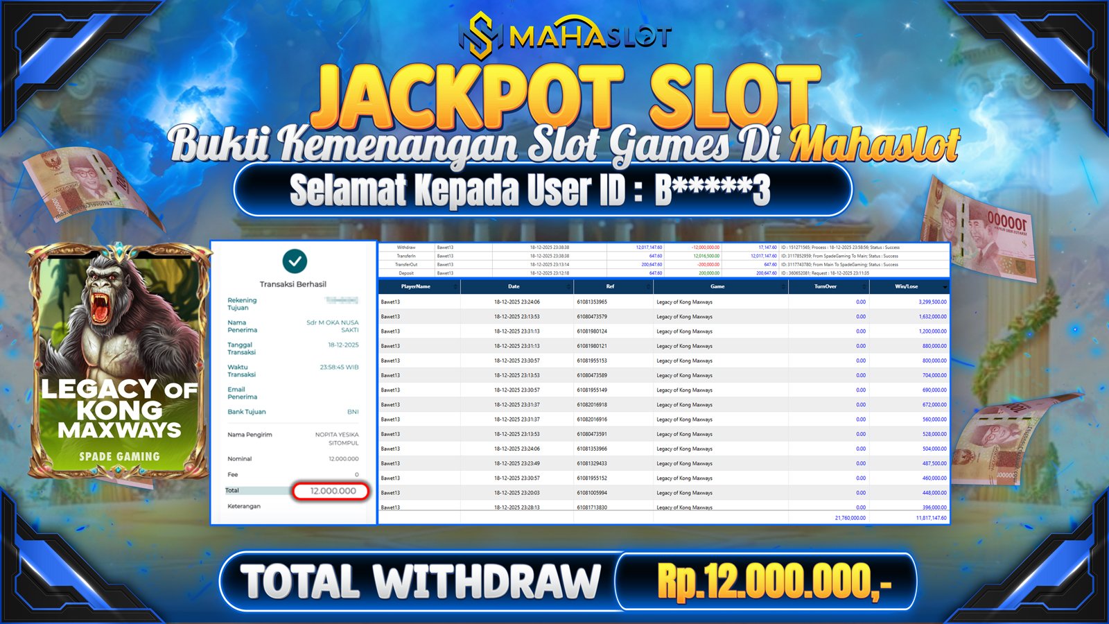 MAHASLOT JACKPOT SLOT GAME LEGACY OF KONG MAXWAYS Rp. 12.000.000,- LUNAS