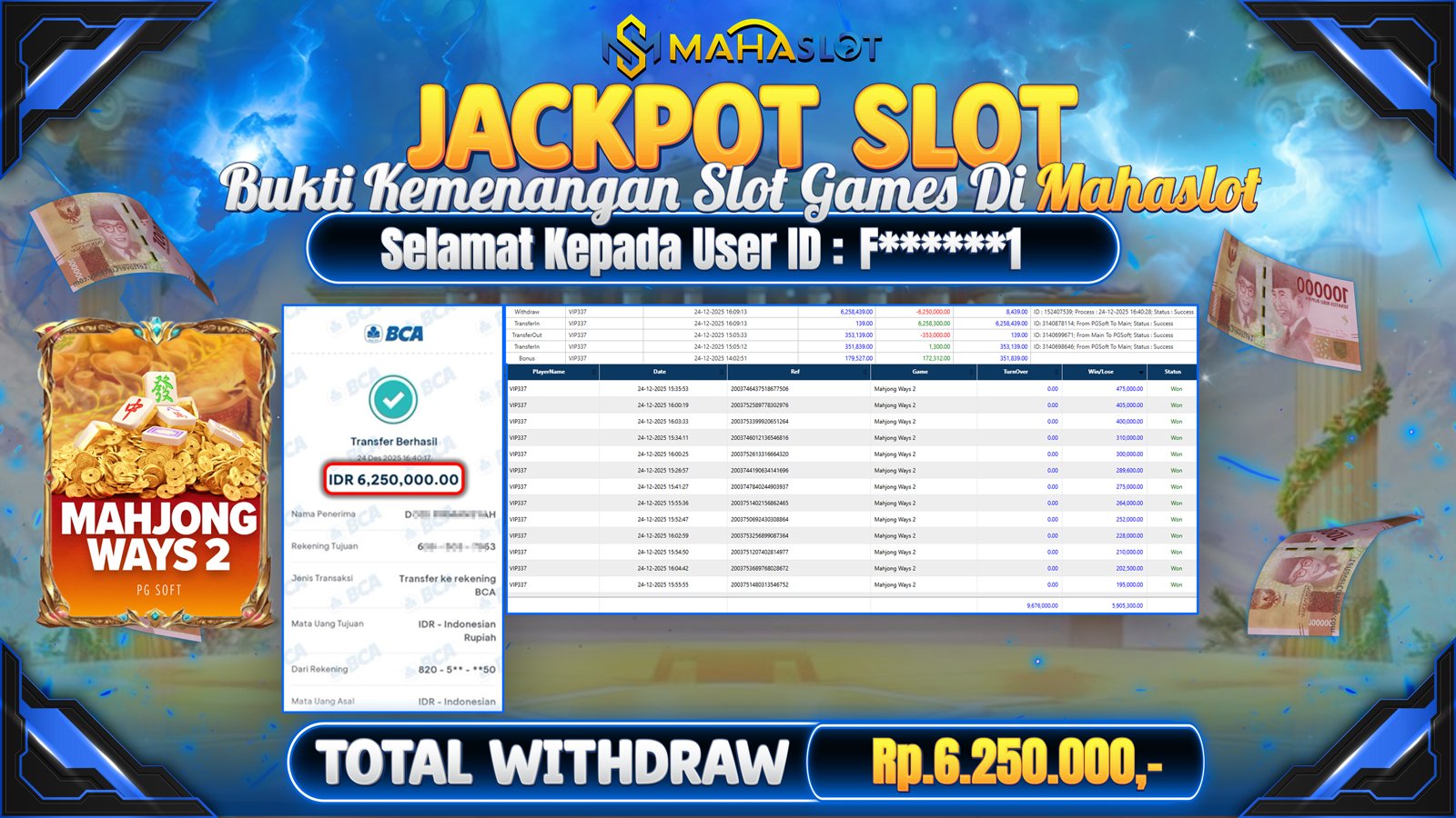 MAHASLOT JACKPOT SLOT GAME MAHJONG WAYS 2  Rp. 6.250.000,- LUNAS