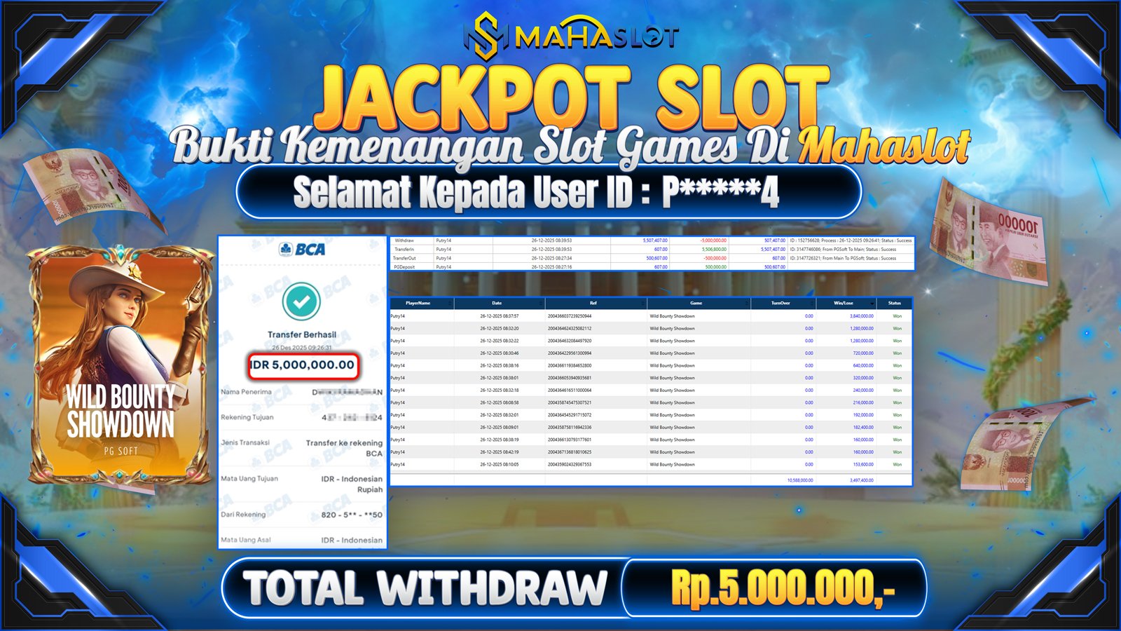 MAHASLOT JACKPOT SLOT GAME WILD BOUNTY SHOWDOWN Rp. 5.000.000,- LUNAS