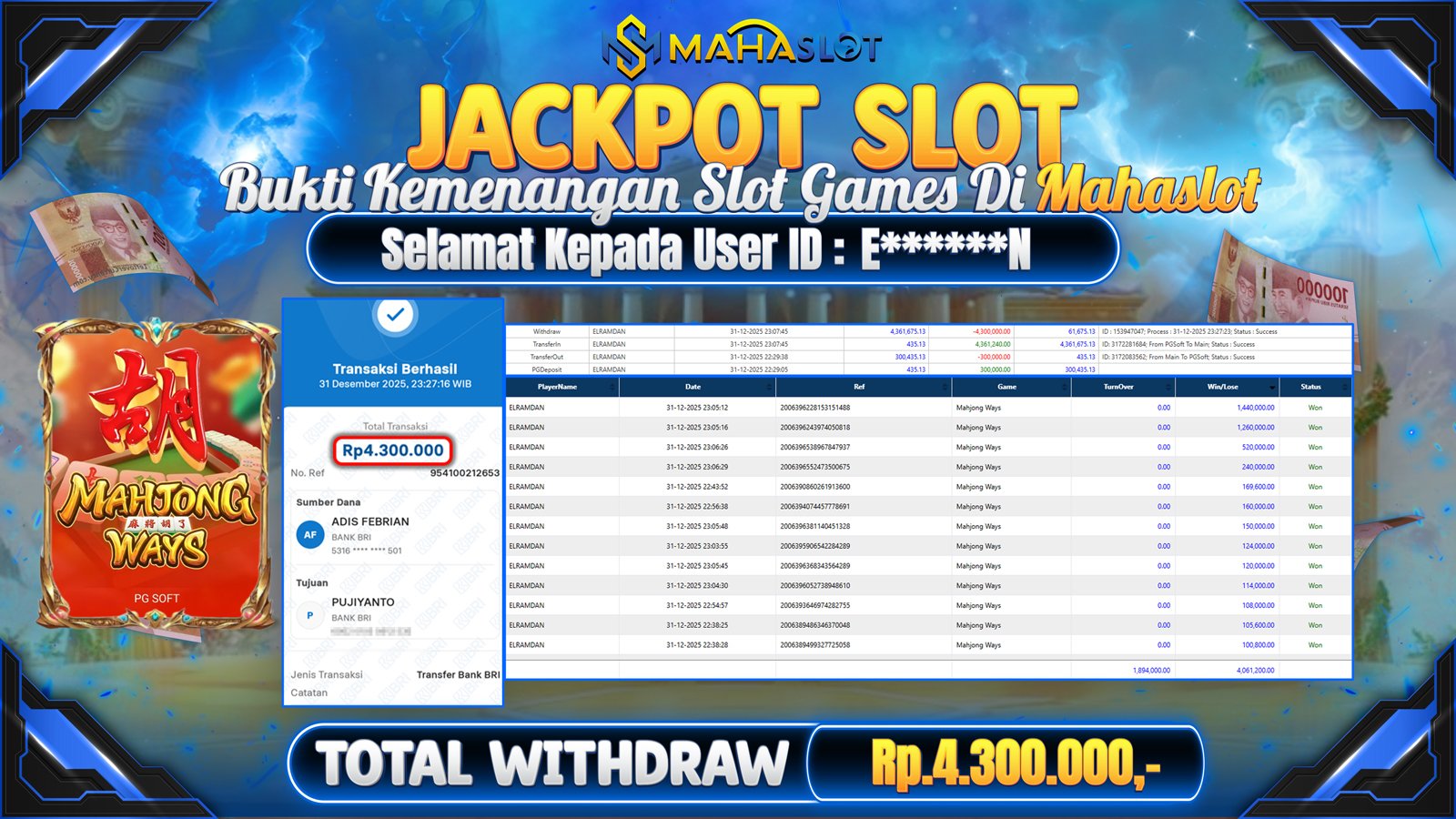 MAHASLOT JACKPOT SLOT GAME MAHJONG WAYS Rp. 4.300.000,- LUNAS