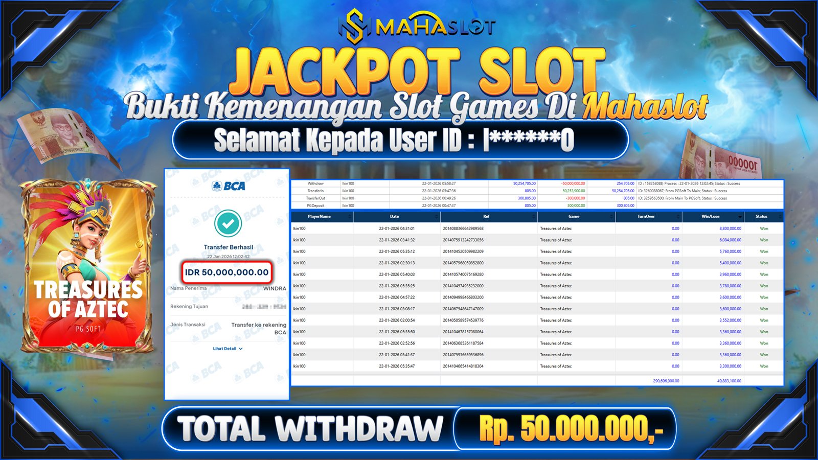 MAHASLOT JACKPOT SLOT TREASURES OF AZTEC Rp. 50.000.000,- LUNAS