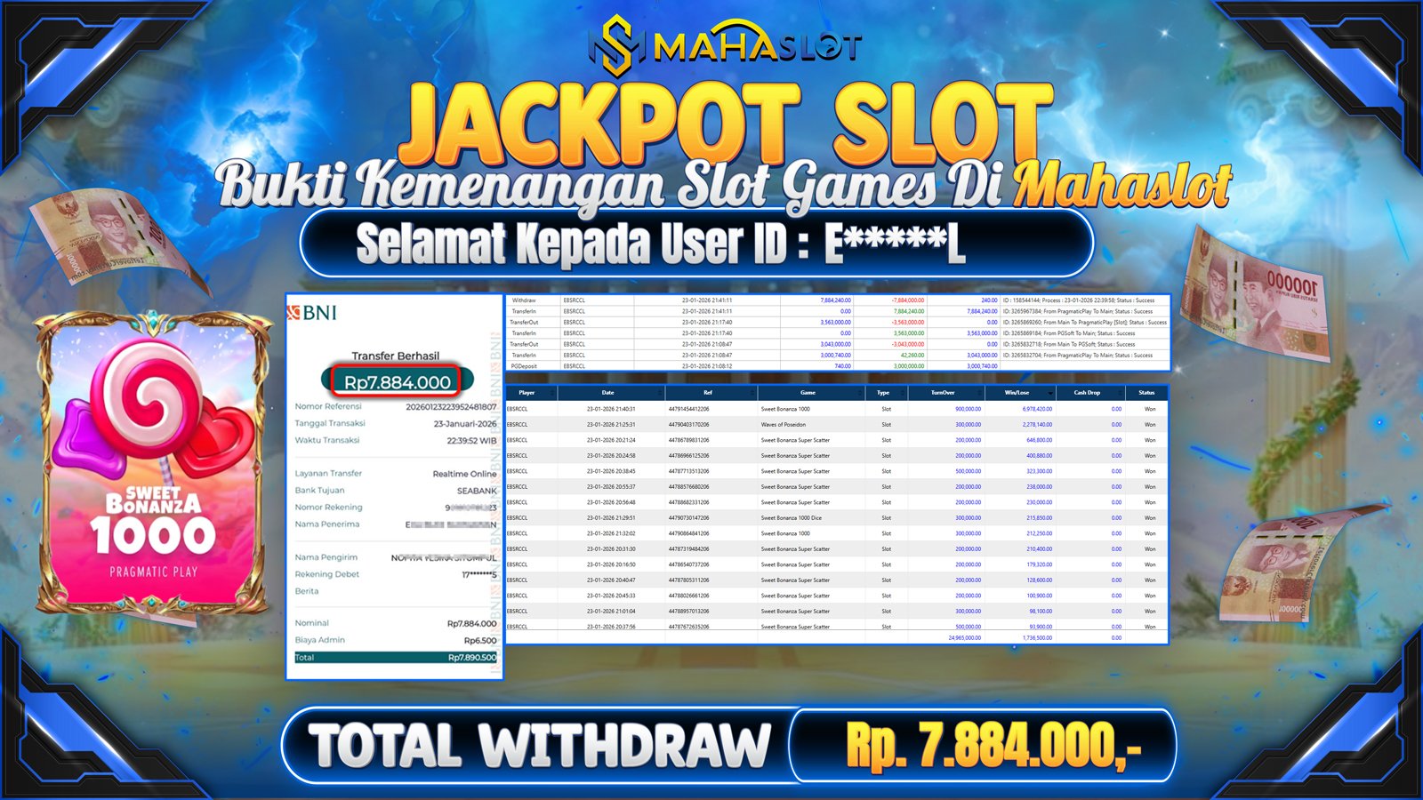 MAHASLOT JACKPOT SLOT GAME SWEET BONANZA 1000 Rp. 7.884.000,- LUNAS