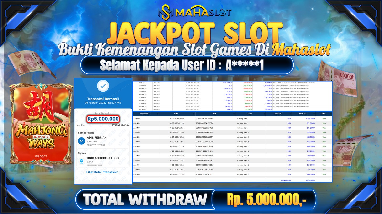MAHASLOT JACKPOT SLOT GAME MAHJONG WAYS Rp. 5.000.000,- LUNAS