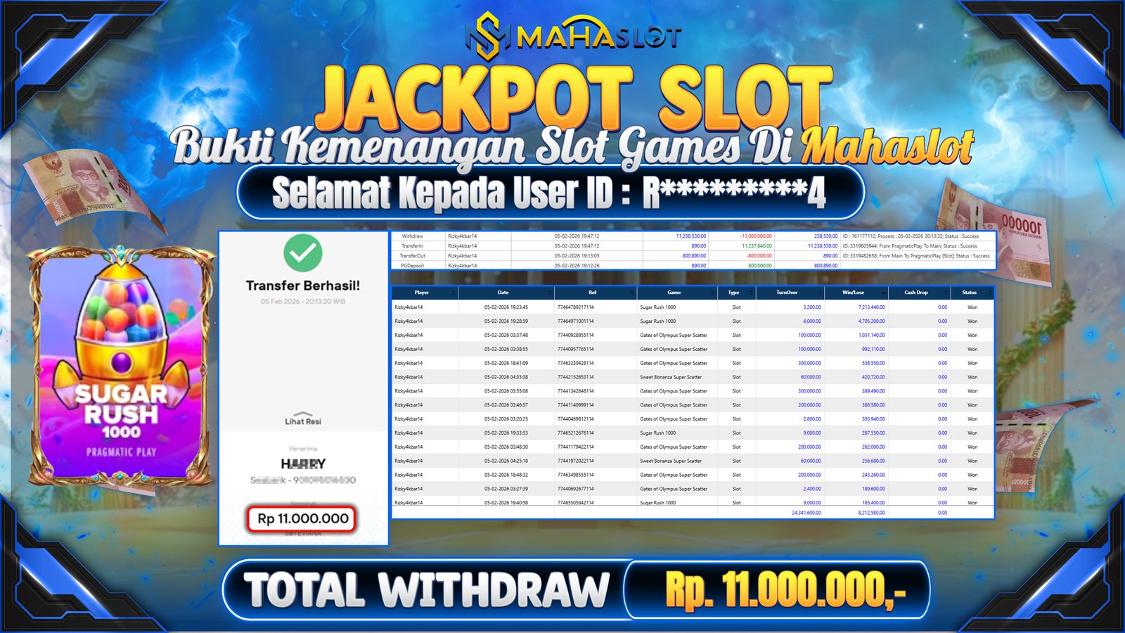 MAHASLOT JACKPOT SLOT GAME SUGAR RUSH 1000 Rp. 11.000.000,- LUNAS