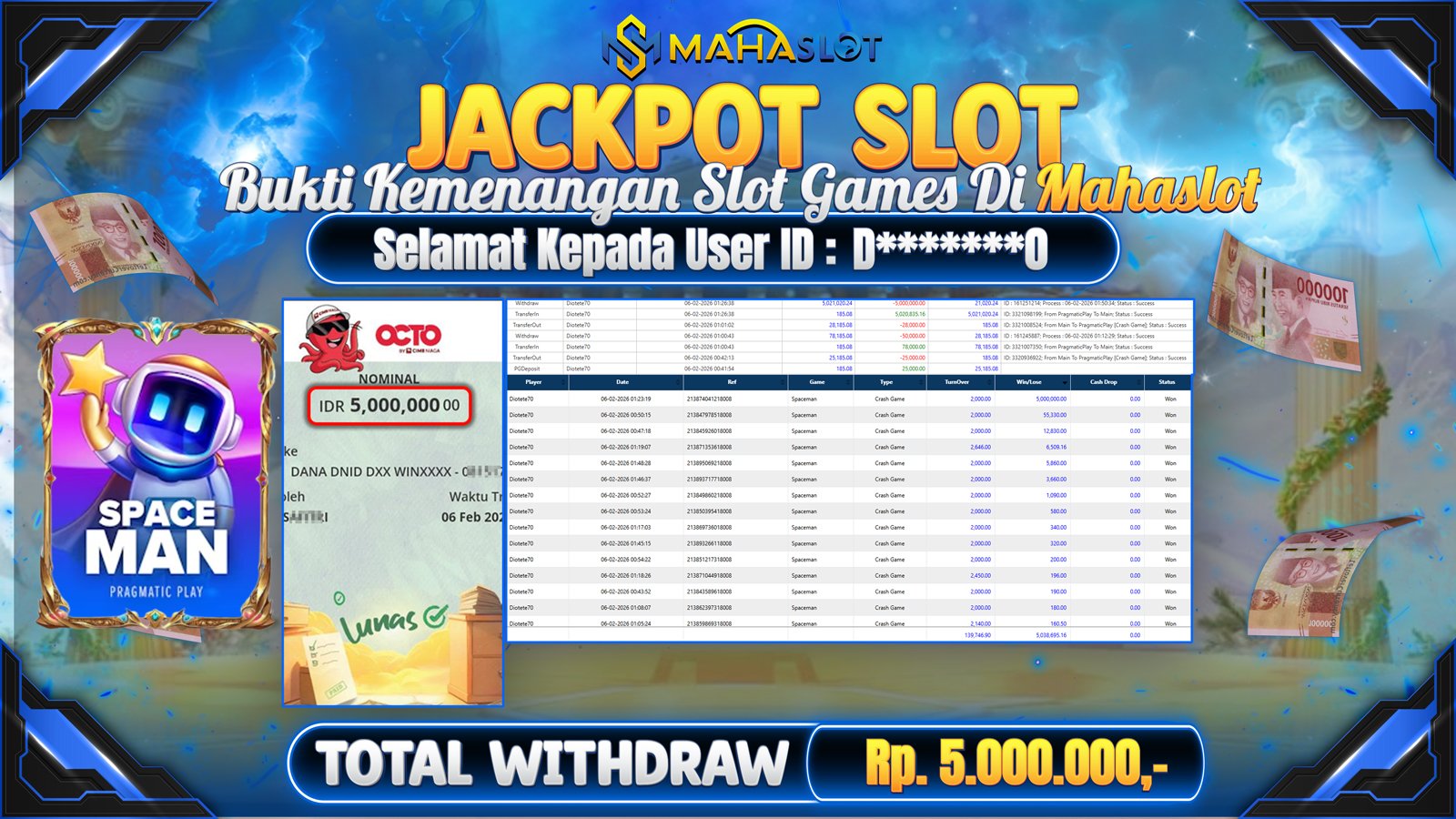 MAHASLOT JACKPOT SLOT GAME SPACEMAN Rp. 5.000.000,- LUNAS