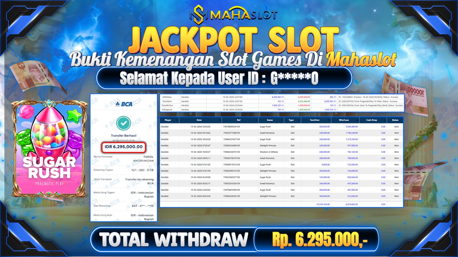 MAHASLOT JACKPOT SLOT GAME SUGER RUSH Rp. 6.295.000,- LUNAS