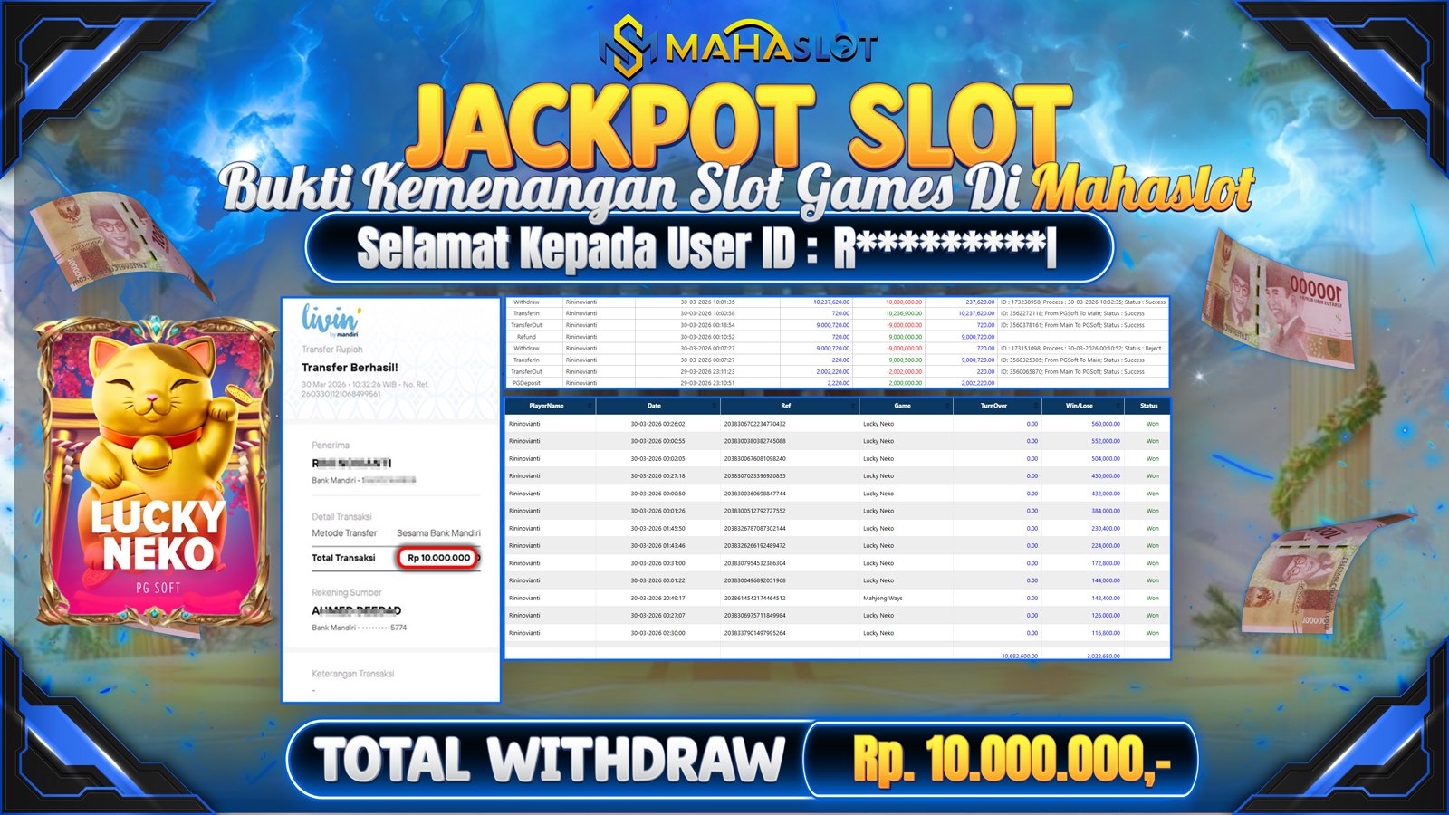 MAHASLOT JACKPOT SLOT GAME LUCKY NEKO Rp. Rp.10.000.000,- LUNAS