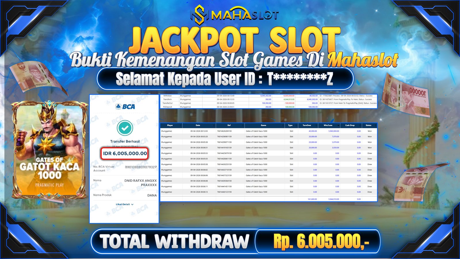 MAHASLOT JACKPOT SLOT GAME GATES OF GATOT KACA 1000 Rp. Rp.6.005.000,- LUNAS