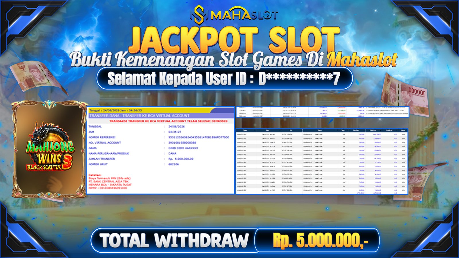 MAHASLOT JACKPOT SLOT GAME MAHJONG WINS BLACKSCATTER 3 Rp. Rp.5.000.000,- LUNAS