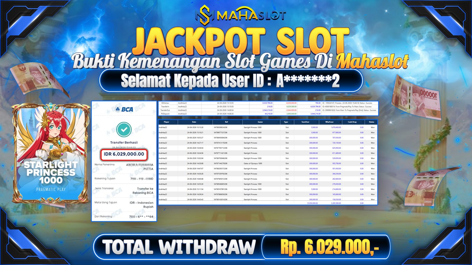 MAHASLOT JACKPOT SLOT GAME STARLIGHT PRINCESS 1000 3 Rp.6.029.000,- LUNAS