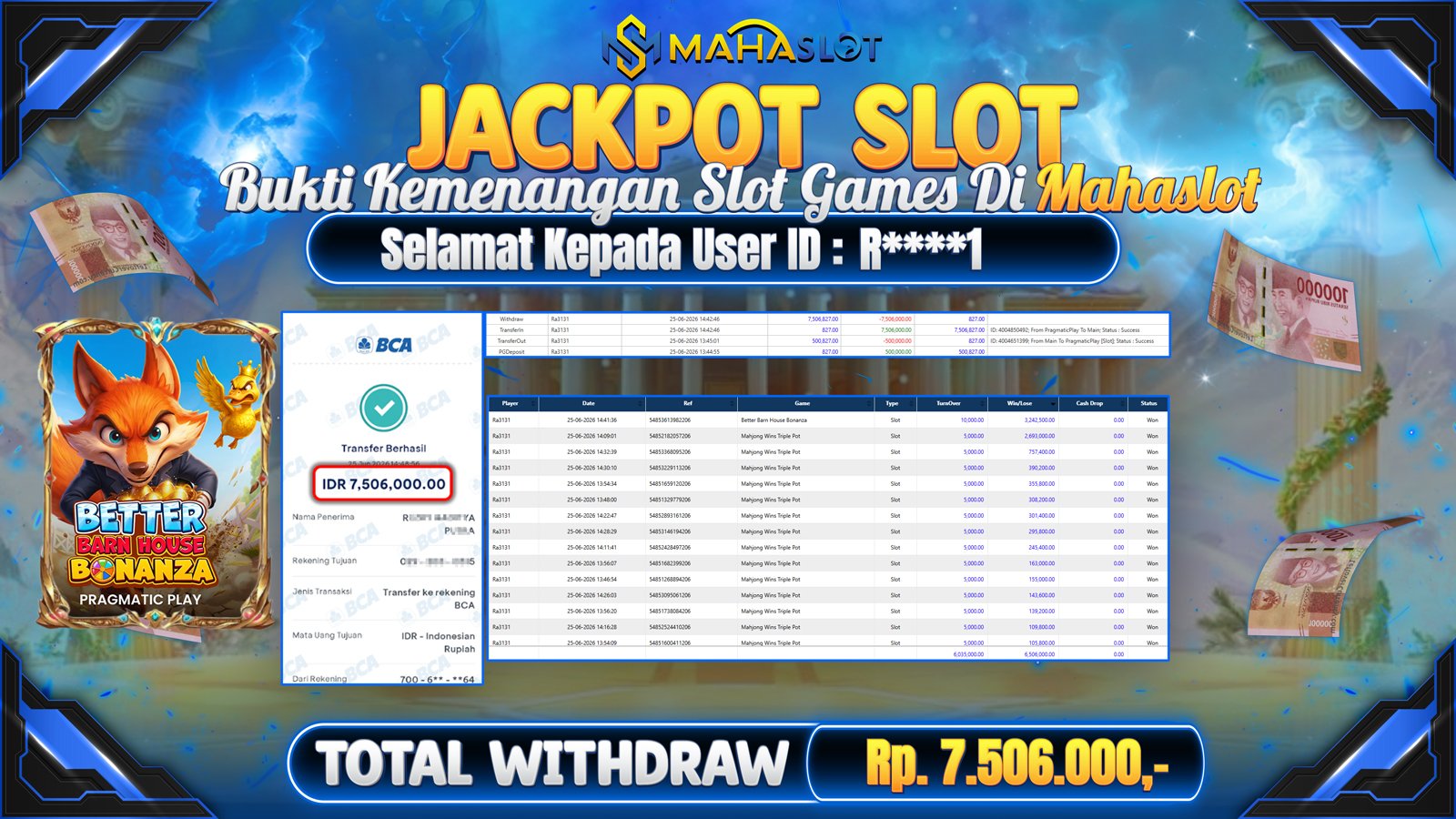 MAHASLOT JACKPOT SLOT GAME BETTER BAN HOUSE BONANZA 1000 Rp.7.506.000,- LUNAS